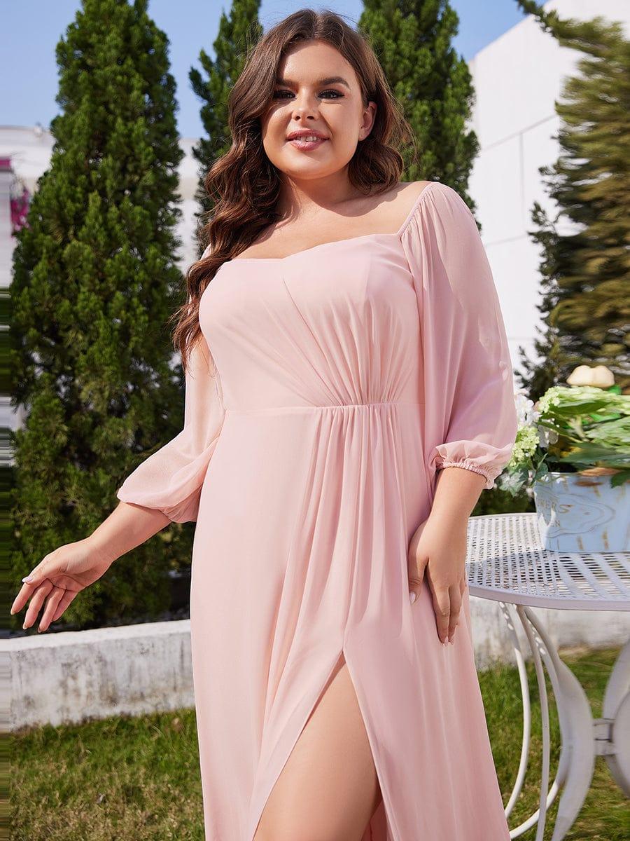 ever DANICA|High-Slit Waist Pleated Off Shoulder Chiffon Bridesmaid Dress with Long Sleeves