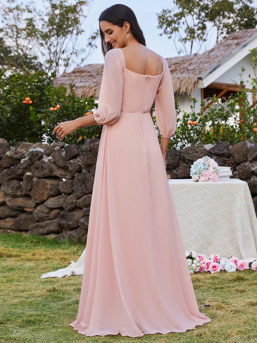 ever DANICA|High-Slit Waist Pleated Off Shoulder Chiffon Bridesmaid Dress with Long Sleeves