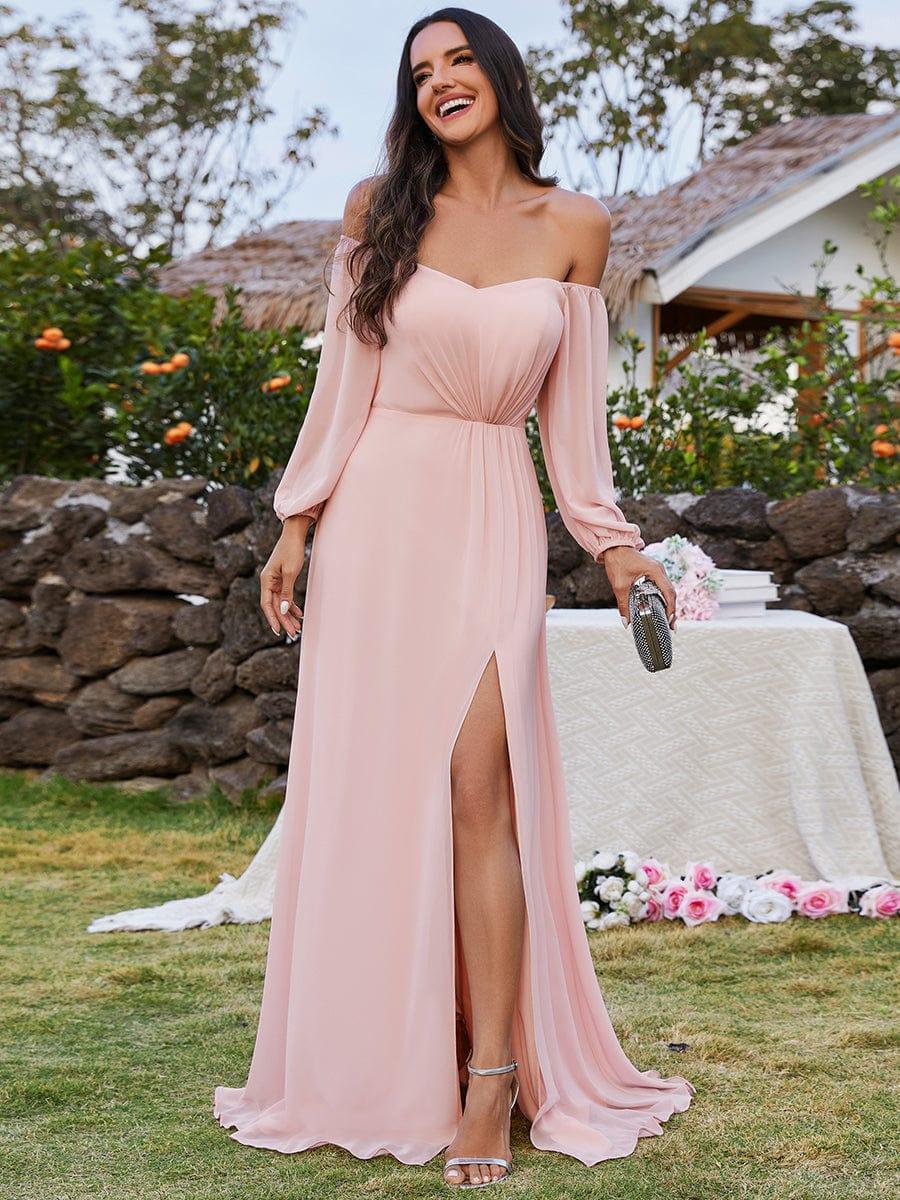 ever DANICA|High-Slit Waist Pleated Off Shoulder Chiffon Bridesmaid Dress with Long Sleeves