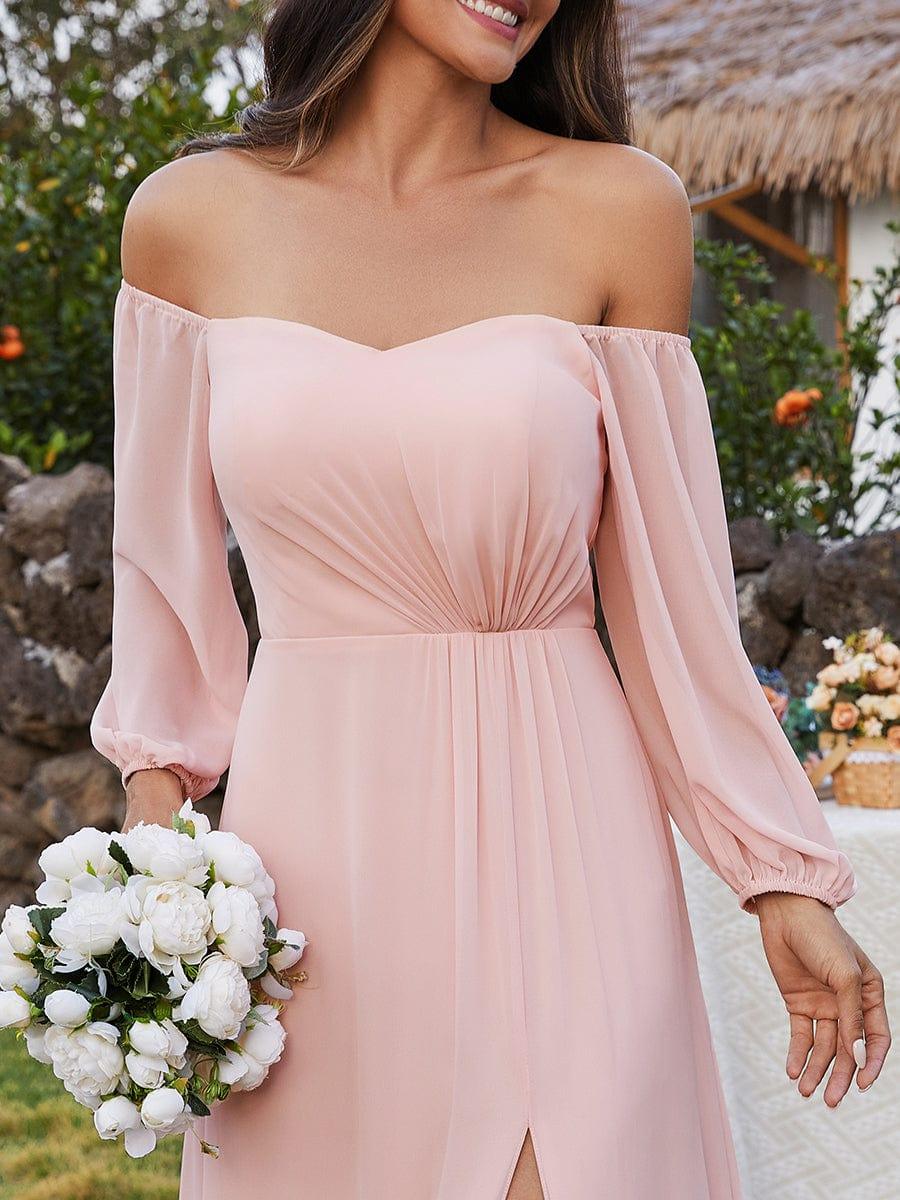 ever DANICA|High-Slit Waist Pleated Off Shoulder Chiffon Bridesmaid Dress with Long Sleeves