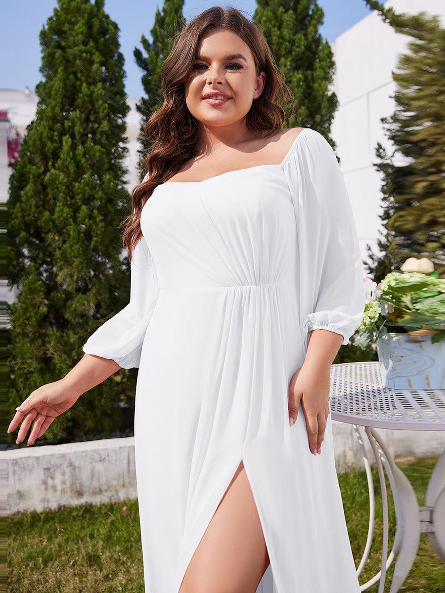 ever DANICA|High-Slit Waist Pleated Off Shoulder Chiffon Bridesmaid Dress with Long Sleeves