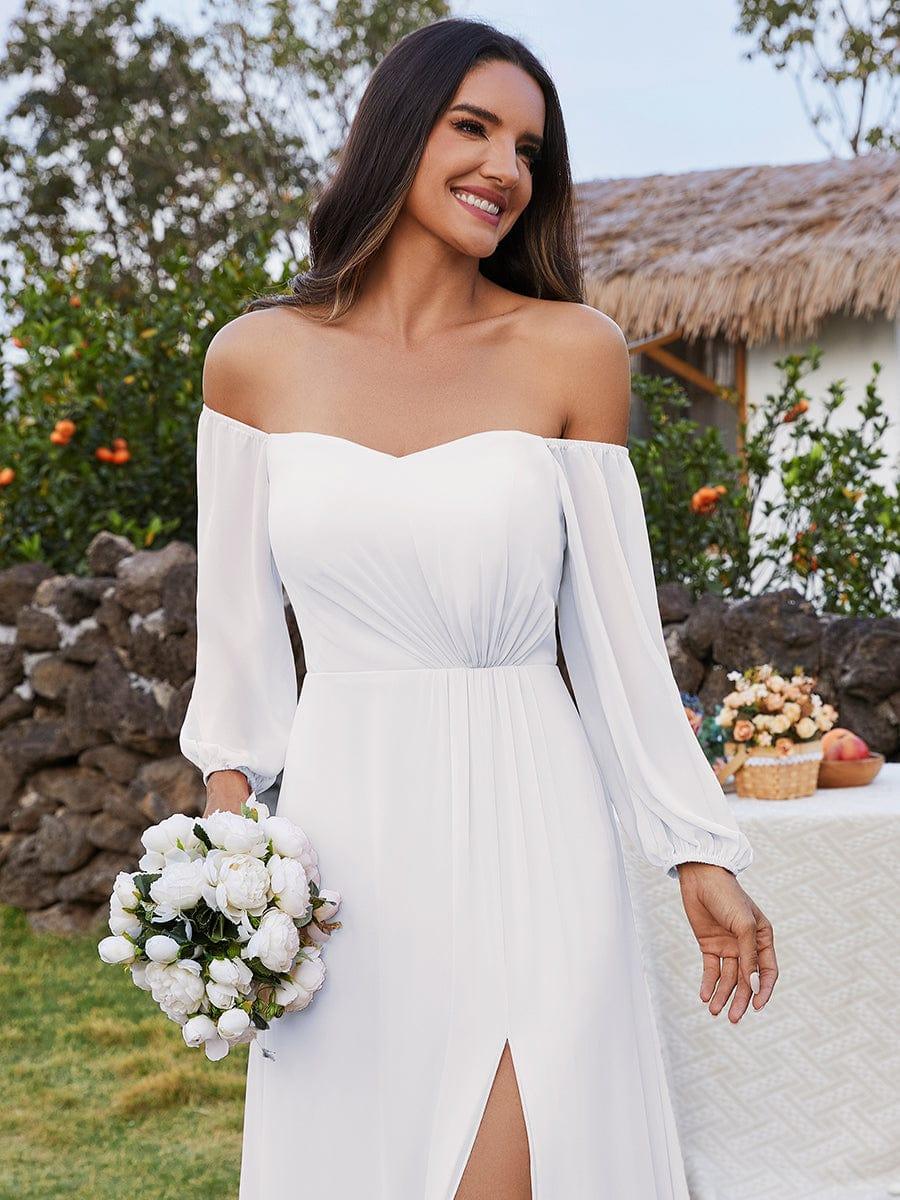 ever DANICA|High-Slit Waist Pleated Off Shoulder Chiffon Bridesmaid Dress with Long Sleeves