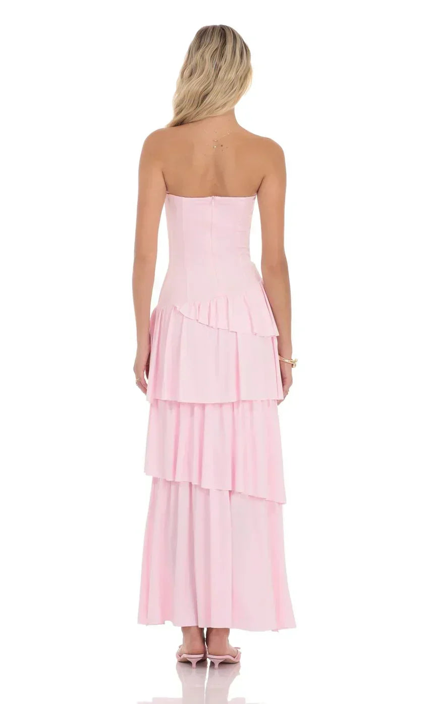 Strapless Asymmetrical Ruffle Maxi Dress in Pink