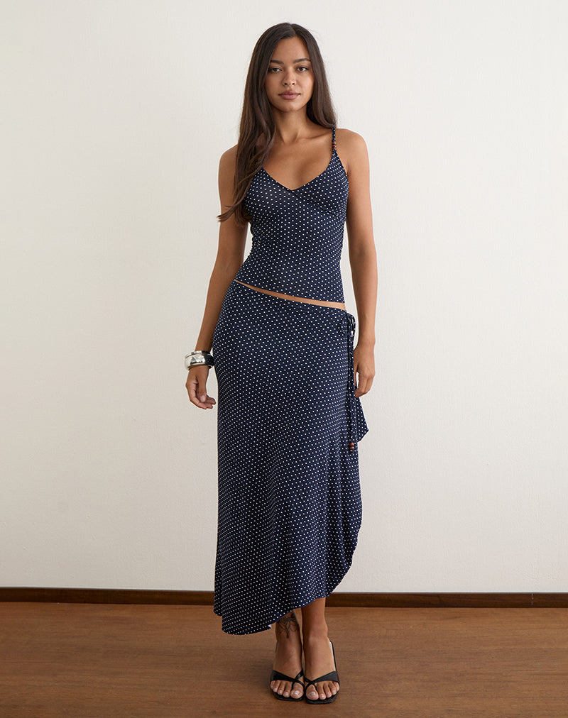 Phemia Maxi Skirt with Beads in Jersey Navy with Micro Polka Print