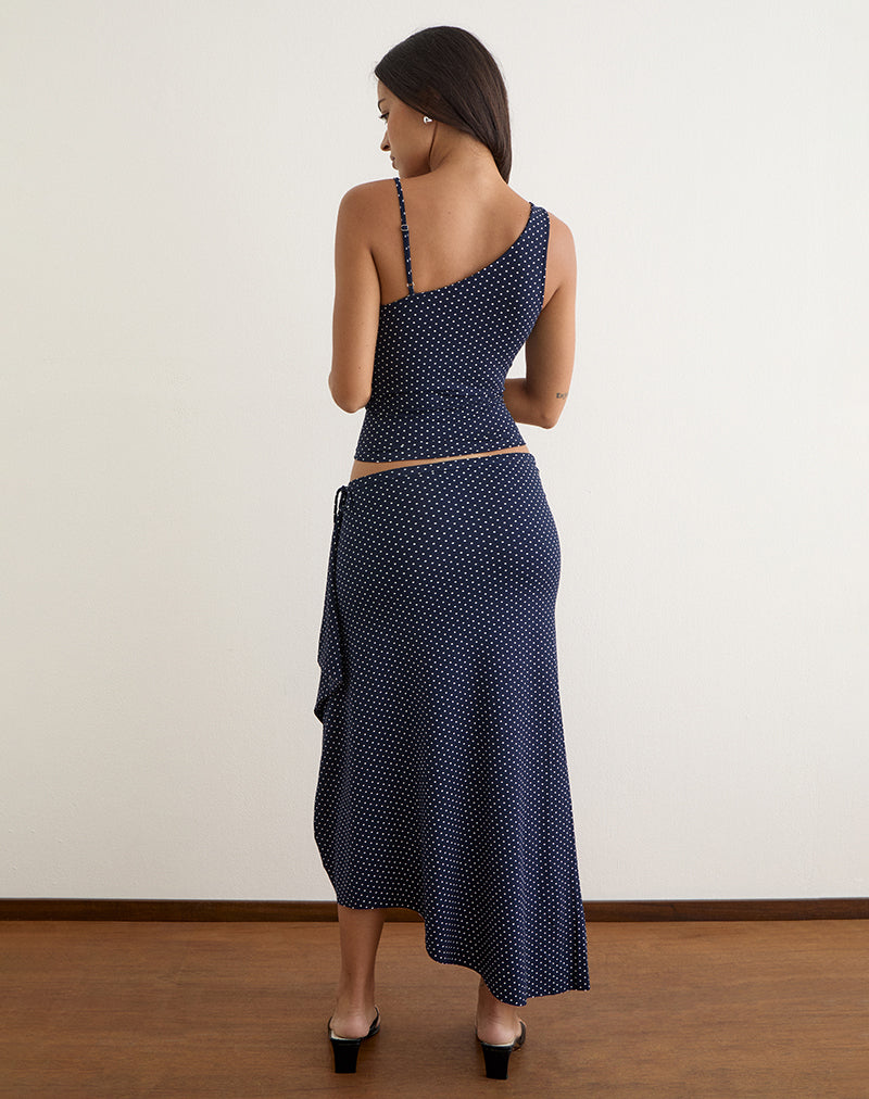 Phemia Maxi Skirt with Beads in Jersey Navy with Micro Polka Print