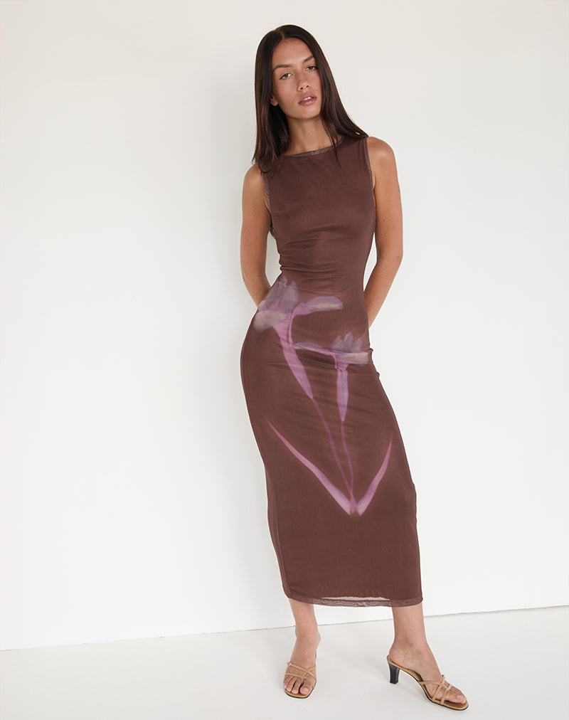 Fayola Maxi Dress in Blurred Floral Print Brown