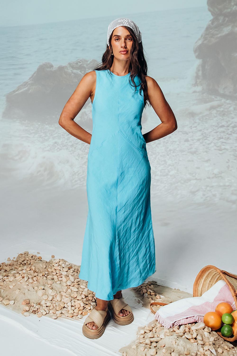 Azure Linen Blend Dress - Azureblue