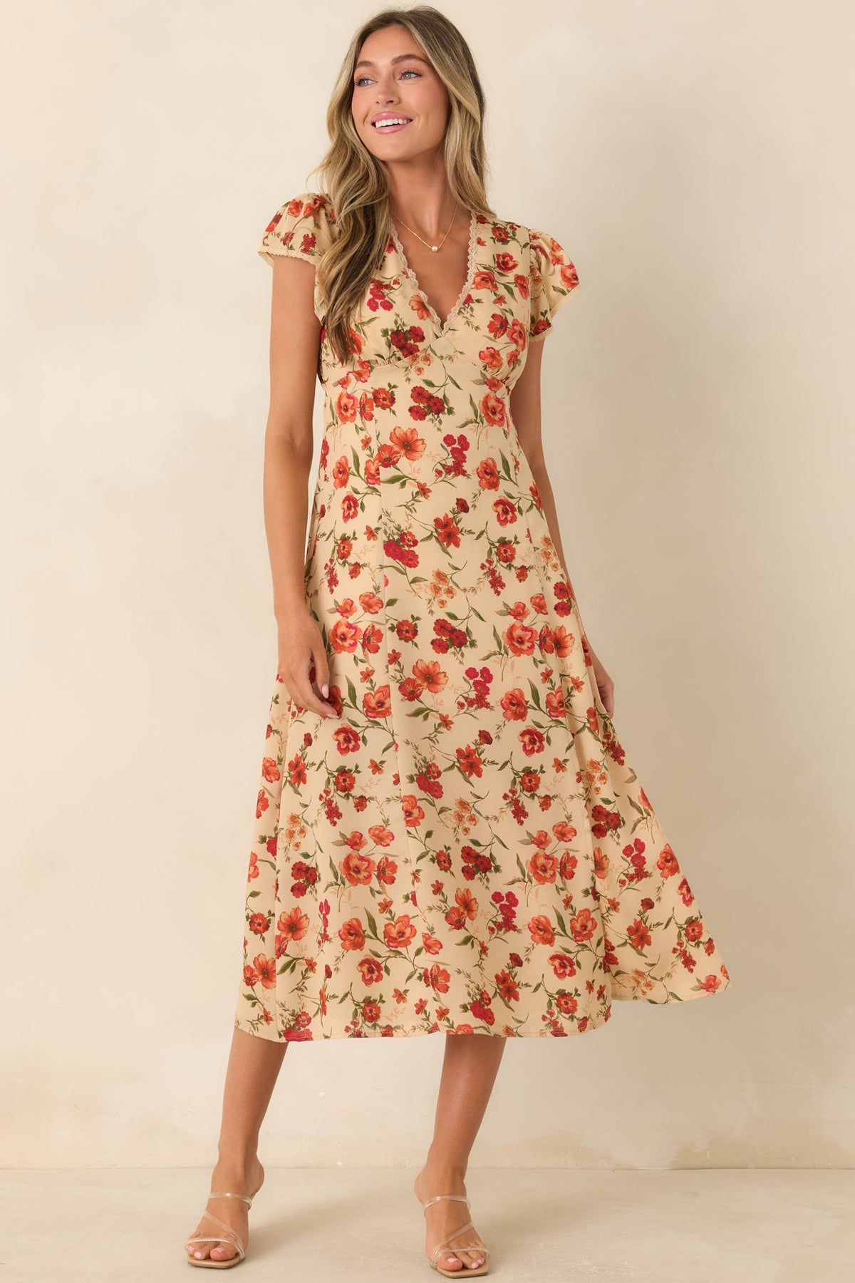 Tender Moments Light Beige Floral Lace-Trim Midi Dress