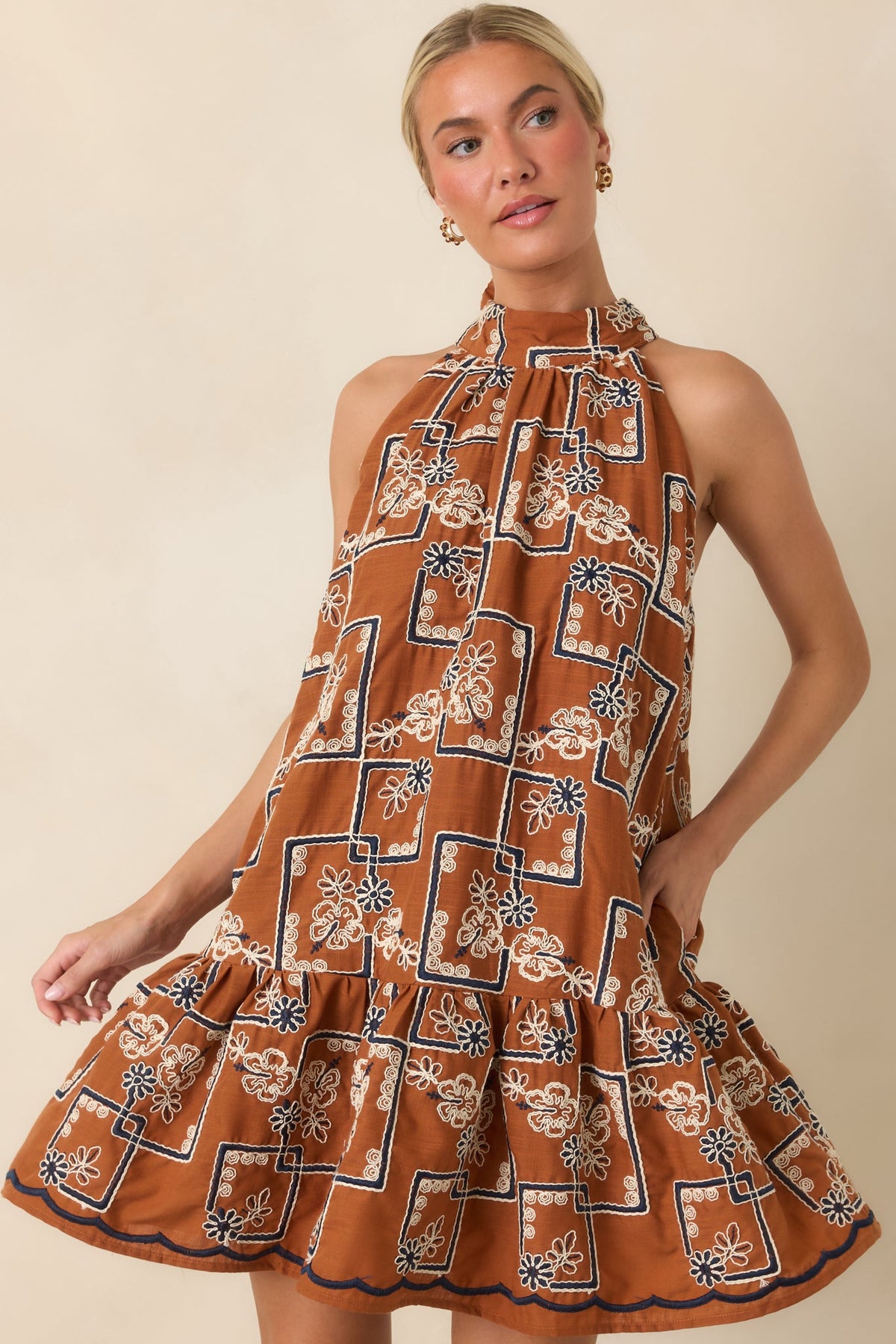 Blooming at Dusk Terracotta Embroidered Halter Mini Dress
