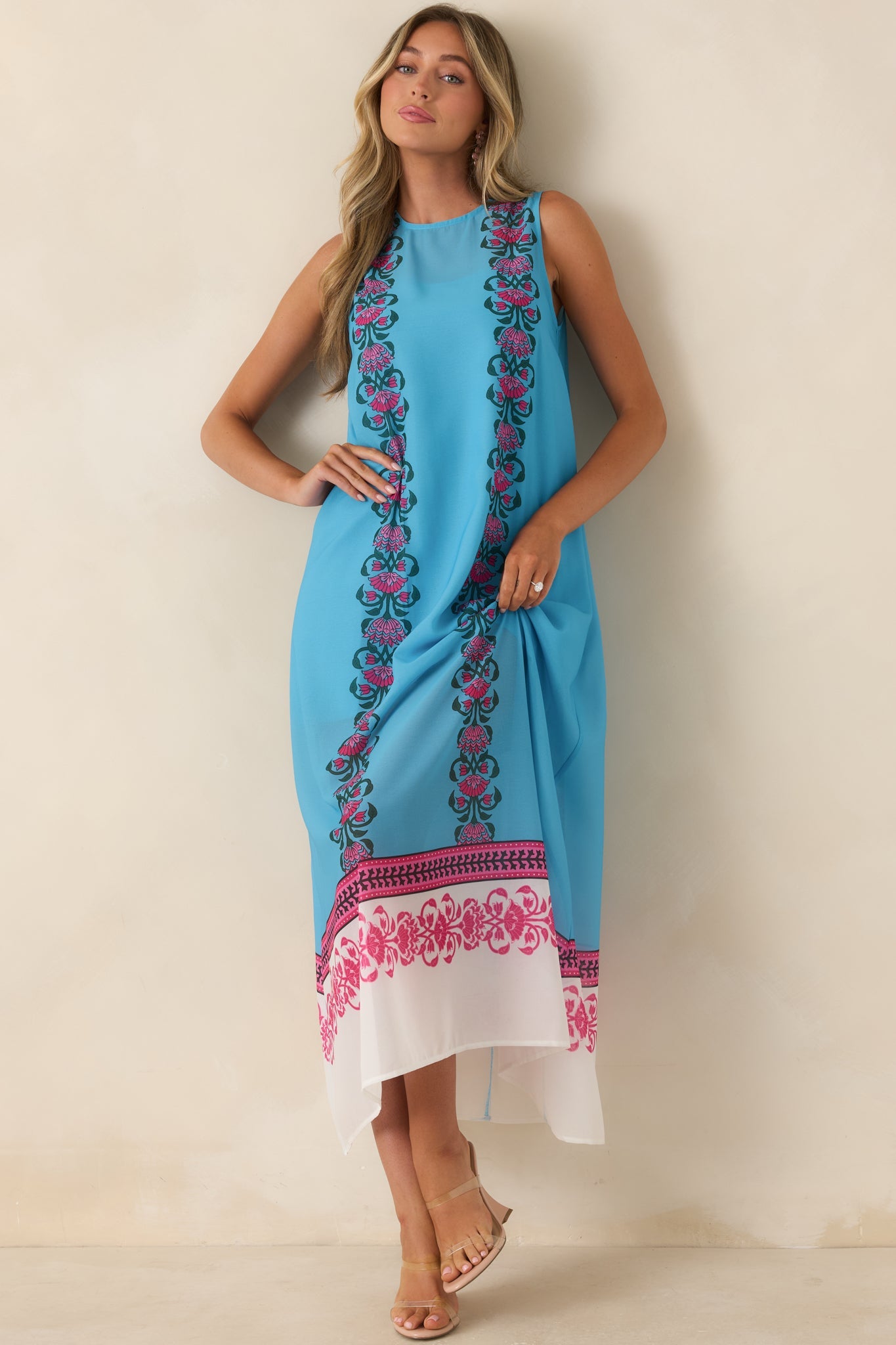 Cocktail Conversation Blue Floral Border Print Maxi Dress