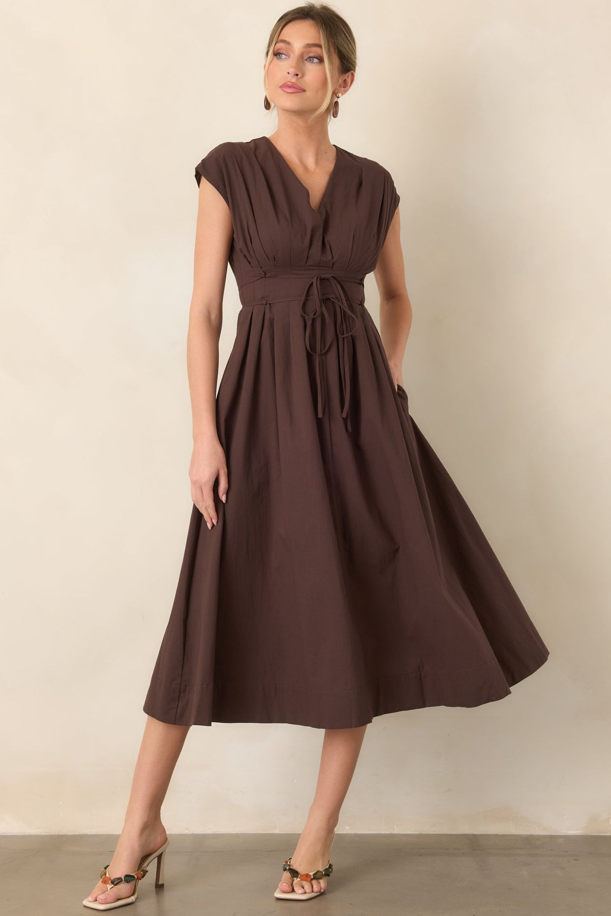 Gentle Reminders Brown Cotton Pleated V-Neck Midi Dress