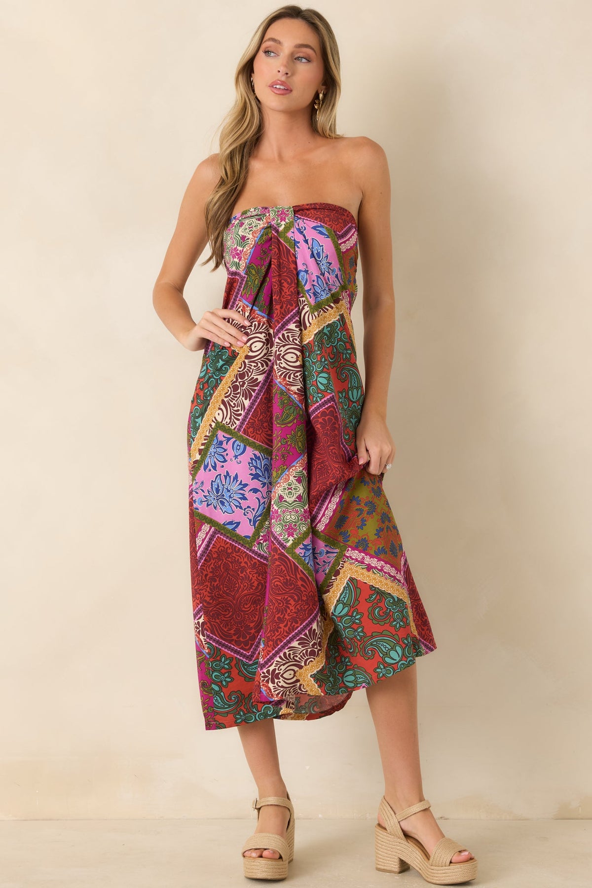 Everyone Knows Red Multi Patchwork Print Rayon Strapless Midi Dress