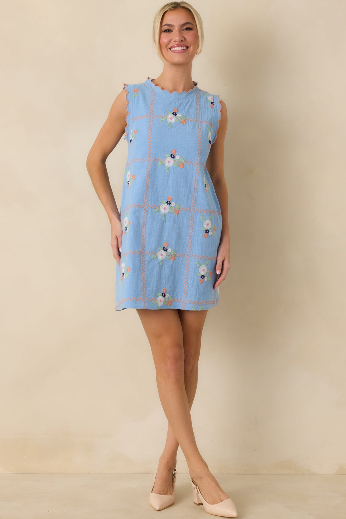 A Sweet Escape Light Blue Multi Floral Embroidered Cotton Sleeveless Mini Dress