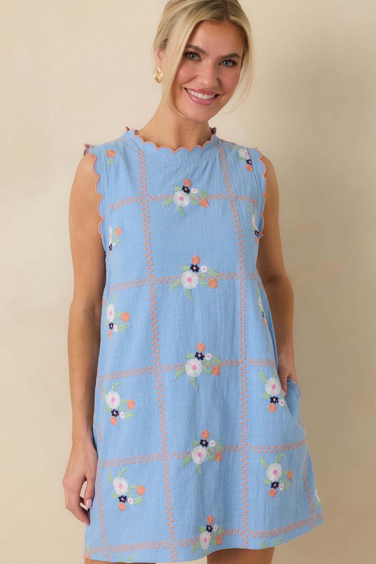 A Sweet Escape Light Blue Multi Floral Embroidered Cotton Sleeveless Mini Dress