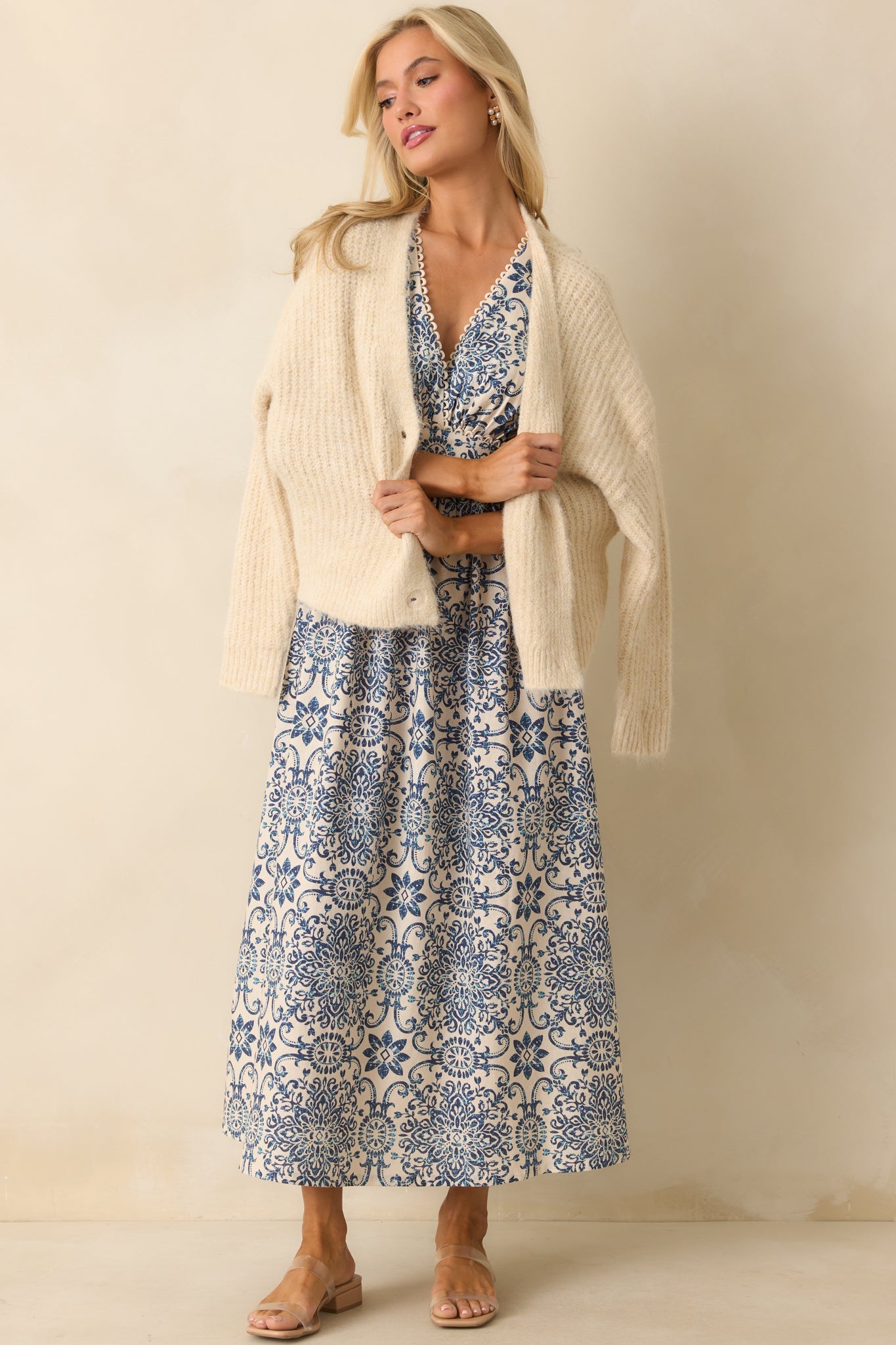 A Lovely Escape Blue Tile Print Linen Blend Sleeveless Maxi Dress