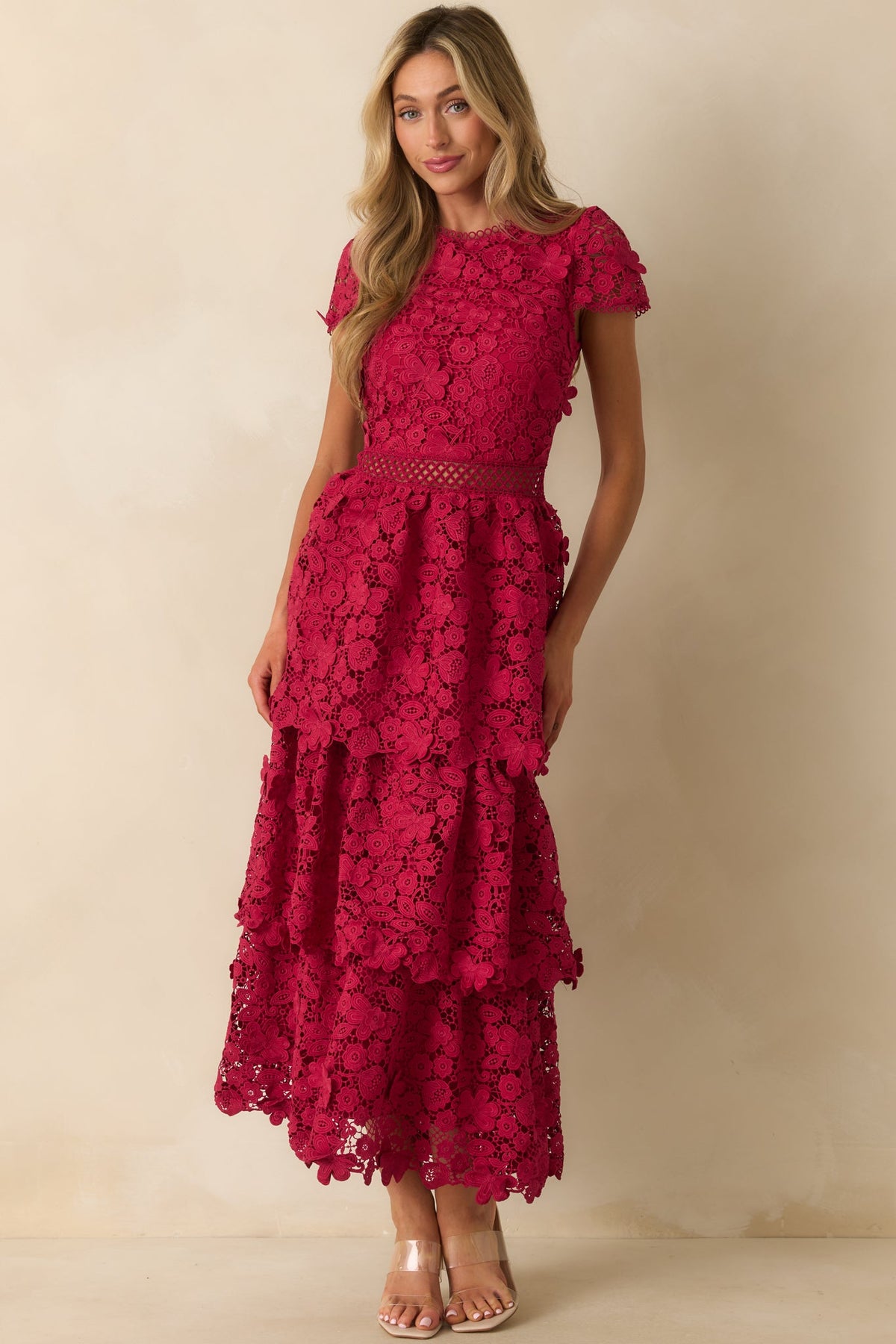 A Matter Of Time Red Floral Guipure Lace Tiered Maxi Dress