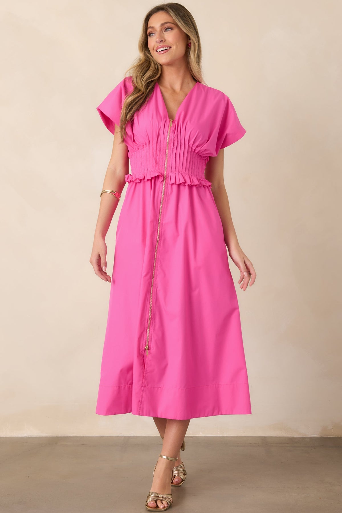 Let It Be Easy Fuchsia Smocked Waist Zip Maxi Dress