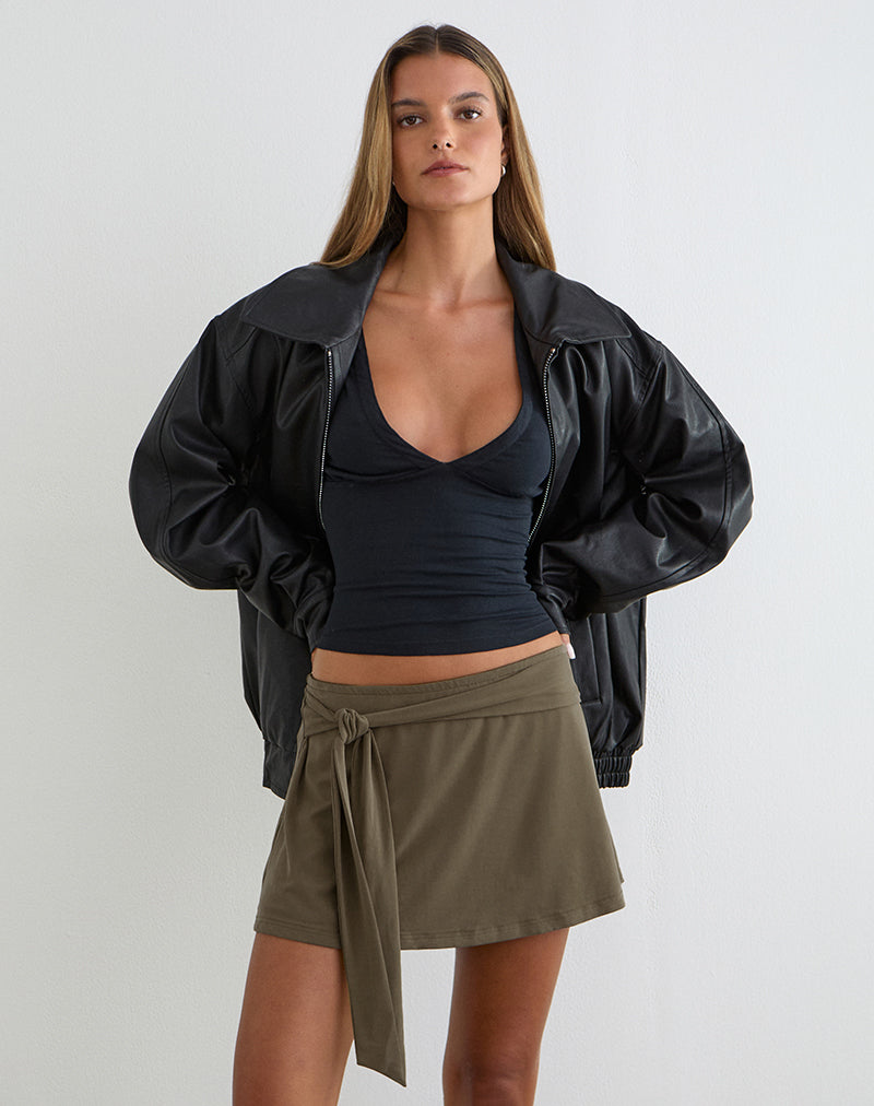 Grecia Tie Mini Skirt in Cupro Khaki