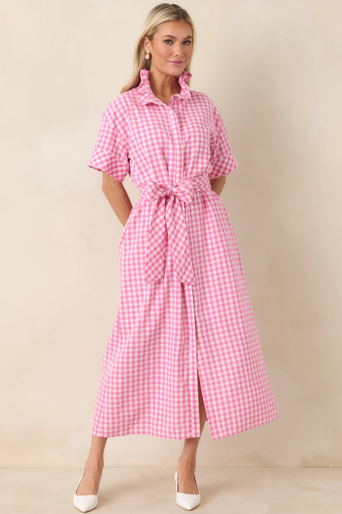 Check Me Out Pink Gingham Ruffle Collar Belted Maxi Dress