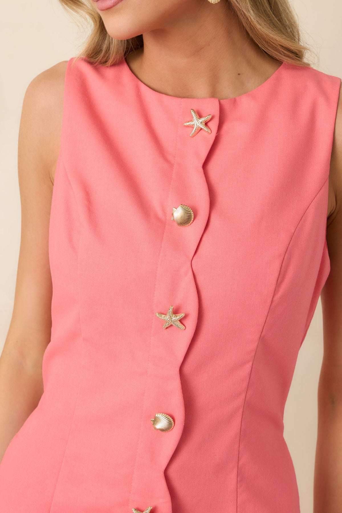 Coastal Crush Coral Pink Scallop Trim Sleeveless Mini Dress