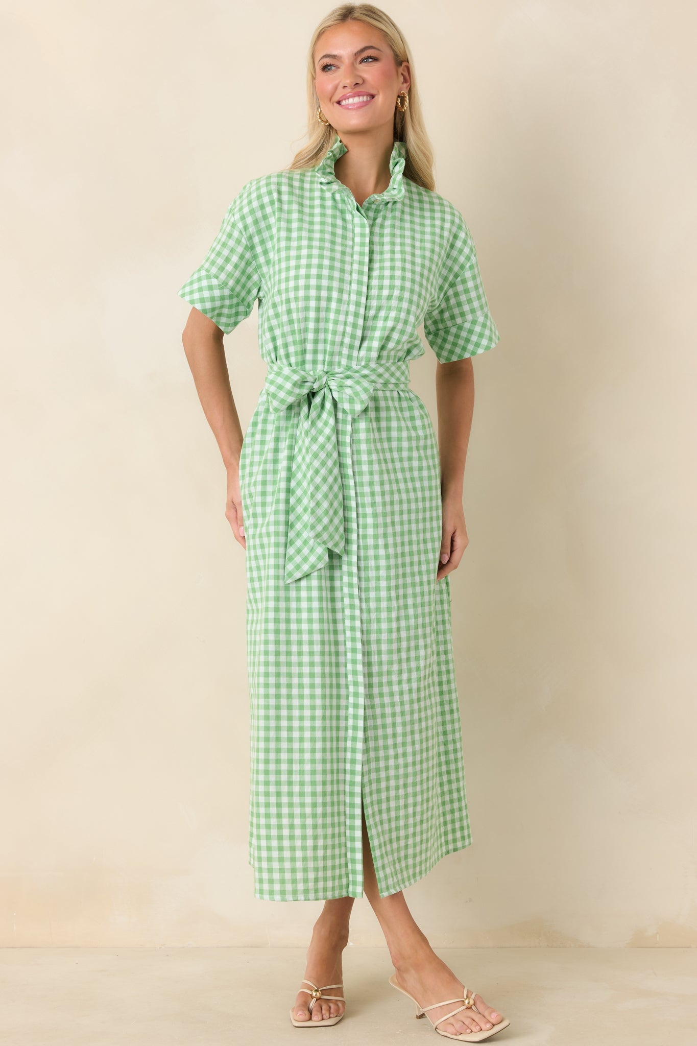 Check Me Out Green Gingham Ruffle Collar Belted Maxi Dress