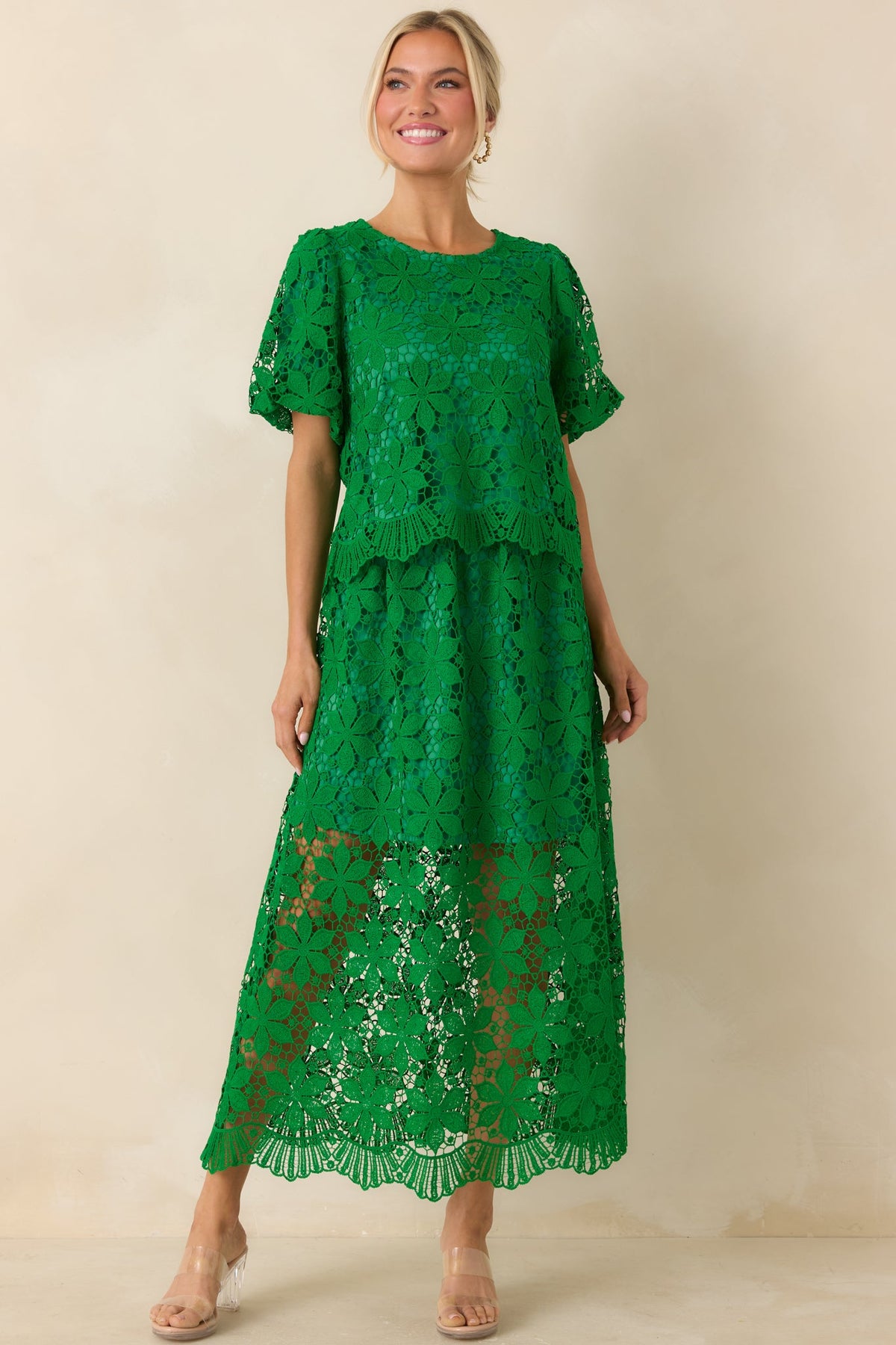 All the Attention Green Floral Lace Maxi Skirt