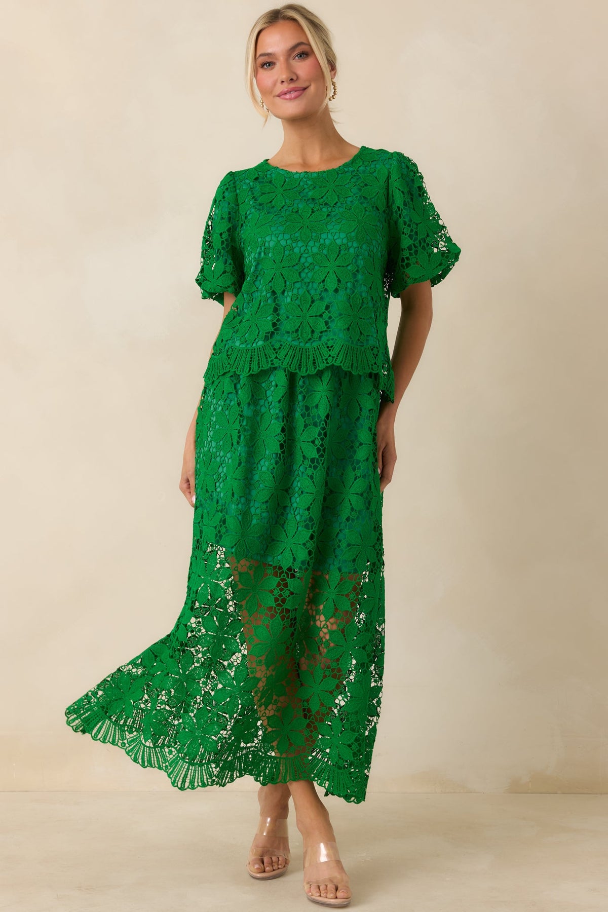 All the Attention Green Floral Lace Maxi Skirt