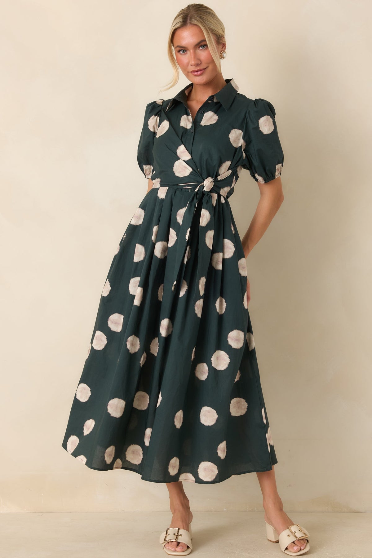 Gather Around Hunter Green Dot Print Cotton Midi Dress