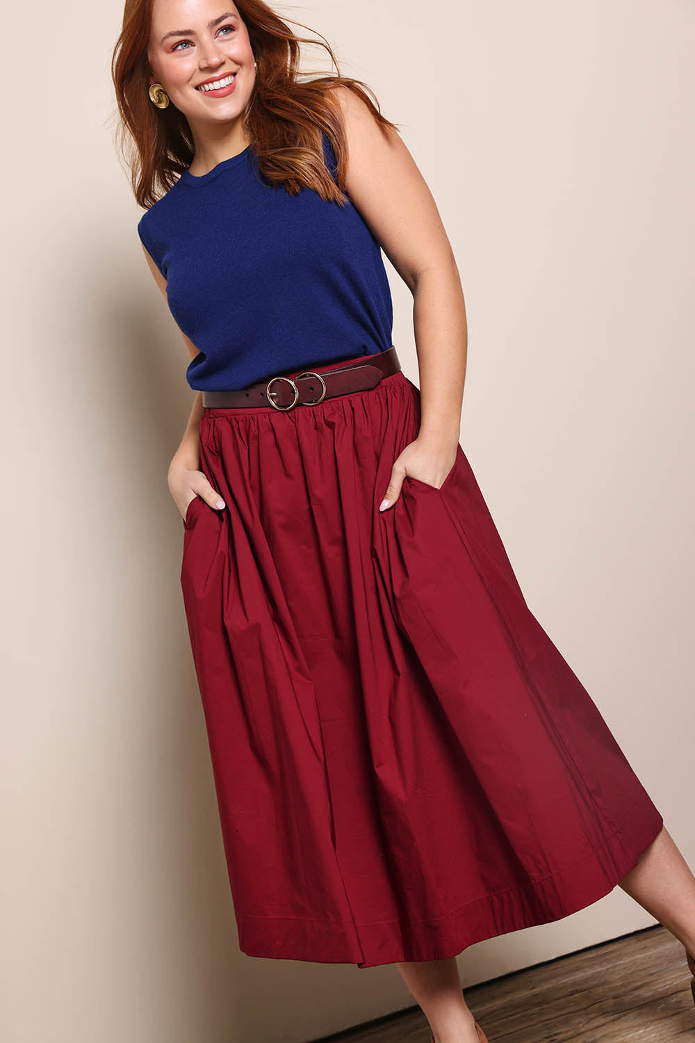 Cotton Blend Midi Skirt – Burgundy
