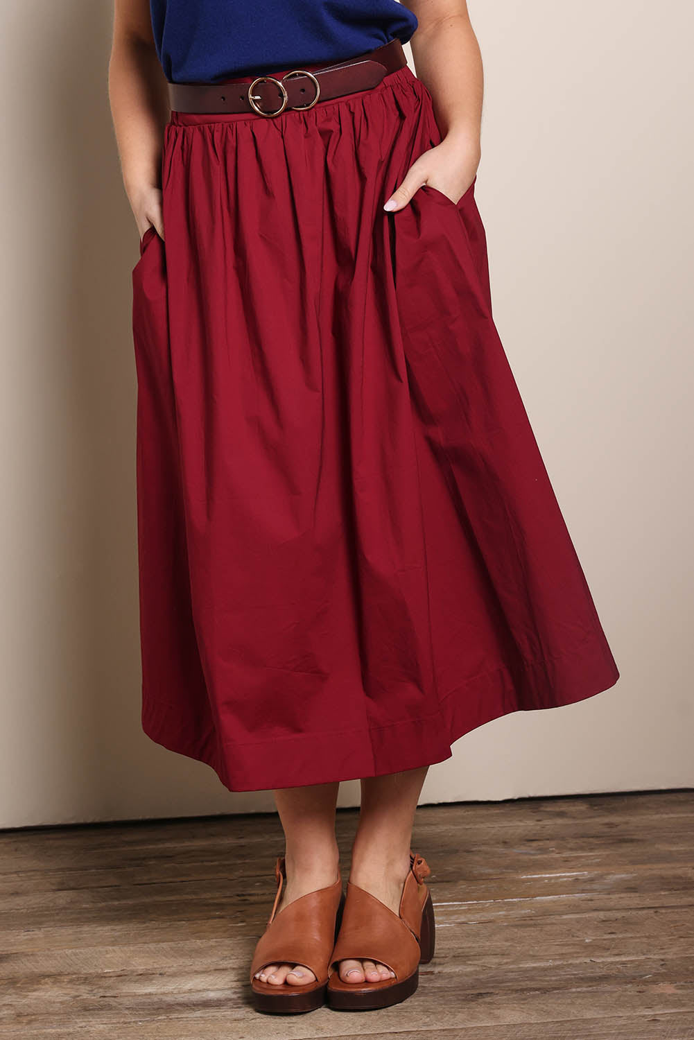 Cotton Blend Midi Skirt – Burgundy