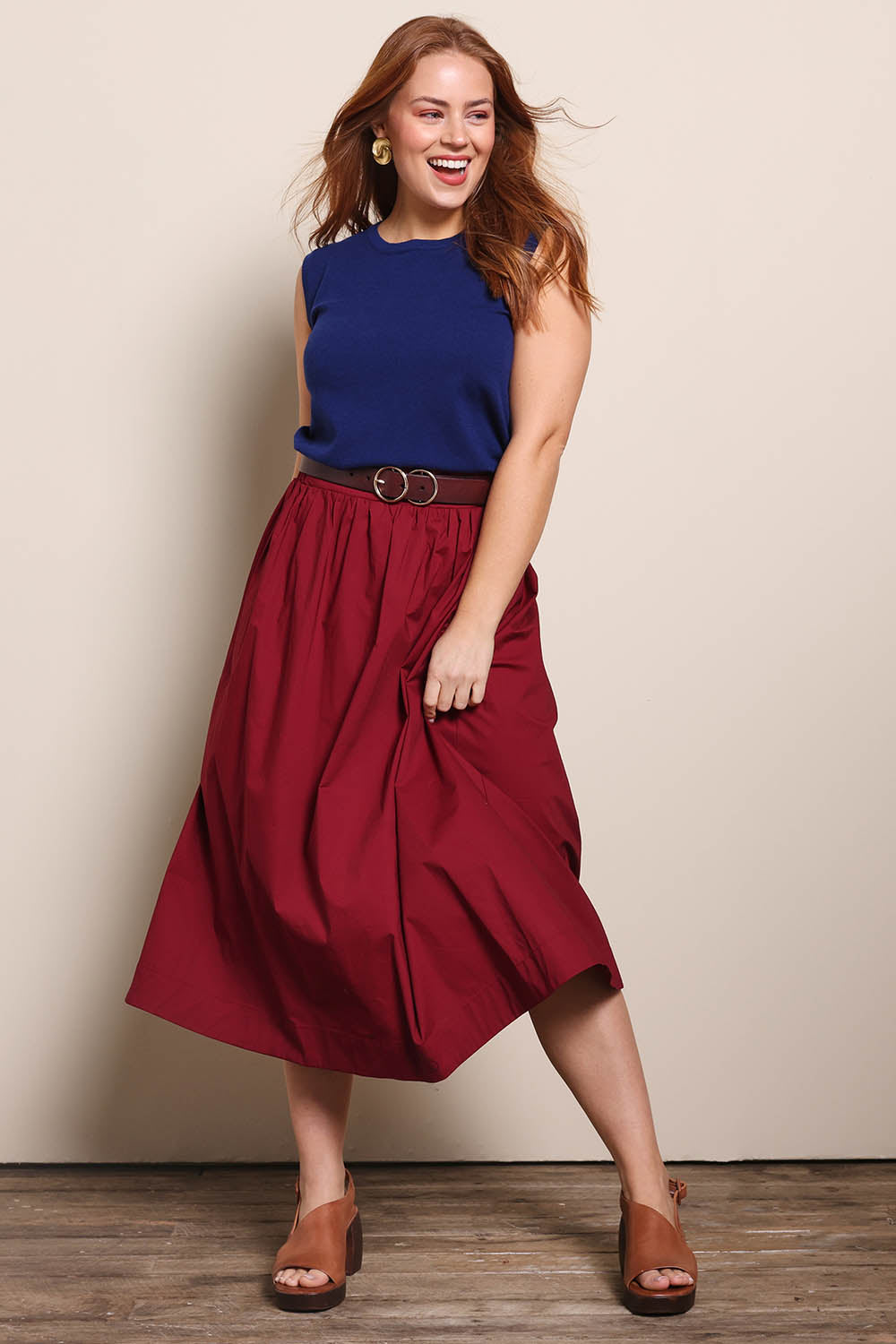 Cotton Blend Midi Skirt – Burgundy