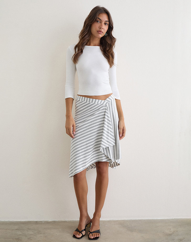 Esmeray Midi Skirt in Rayon Jersey Grey and White Stripes