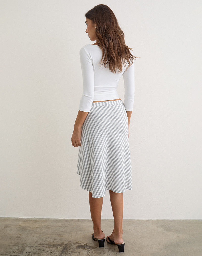 Esmeray Midi Skirt in Rayon Jersey Grey and White Stripes