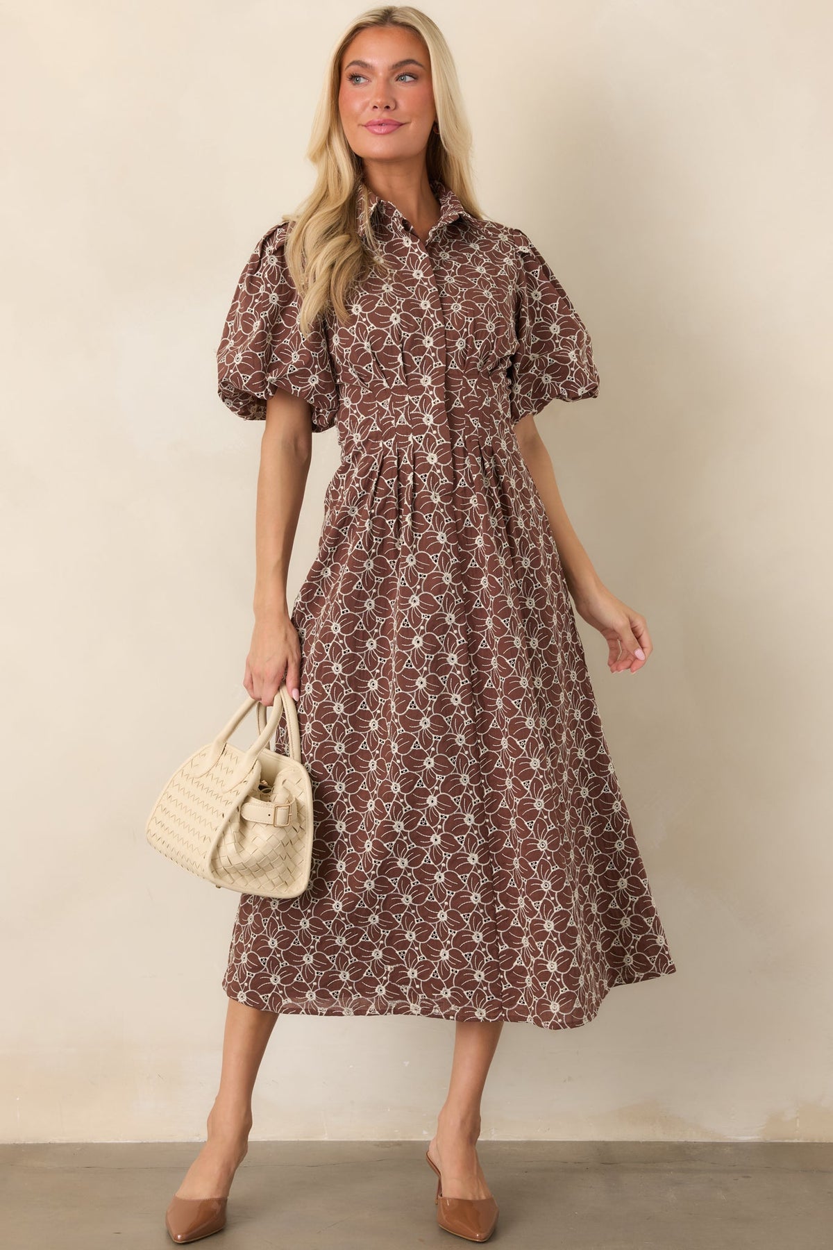 Consider It Done Brown & Ivory Floral Eyelet Cotton Midi Dress
