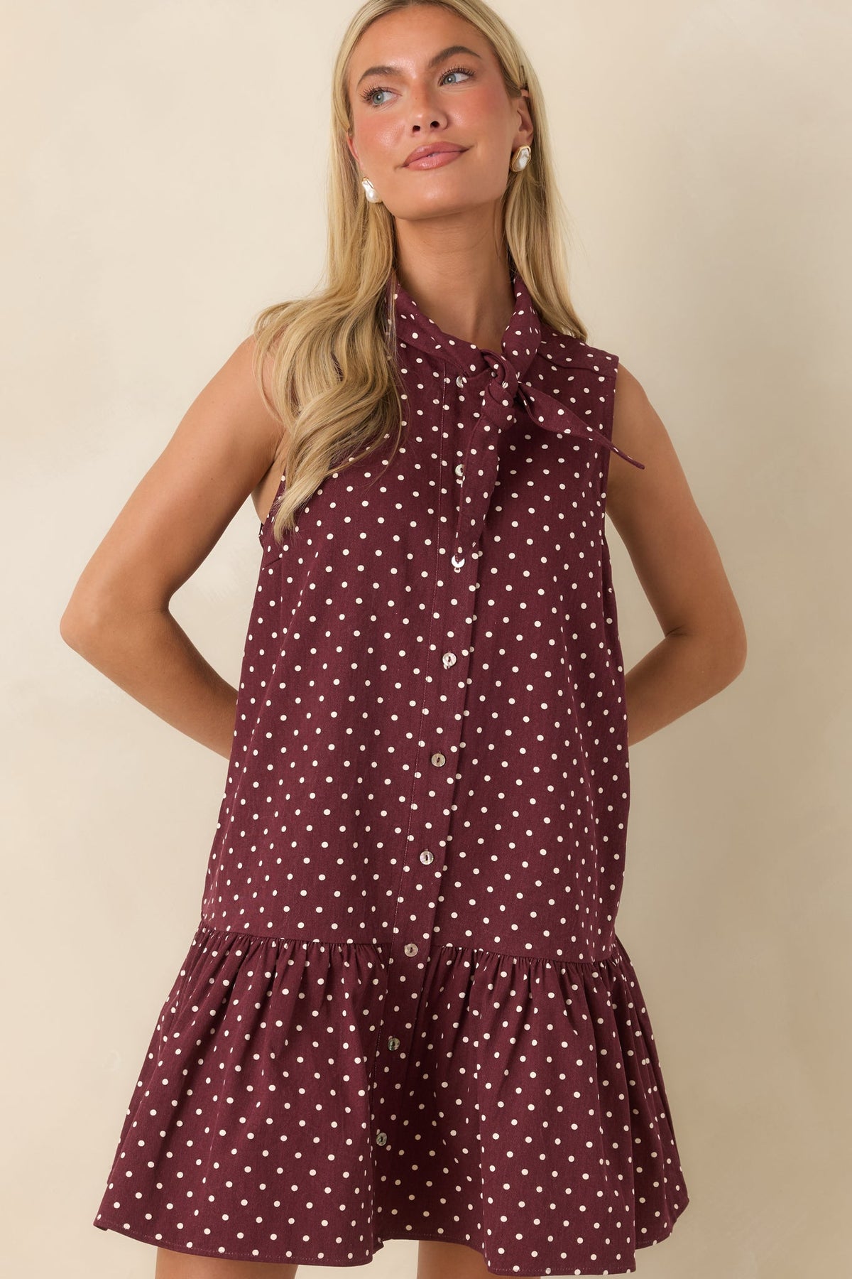 Hard to Overlook Burgundy Polka Dot Cotton Tie-Neck Mini Dress