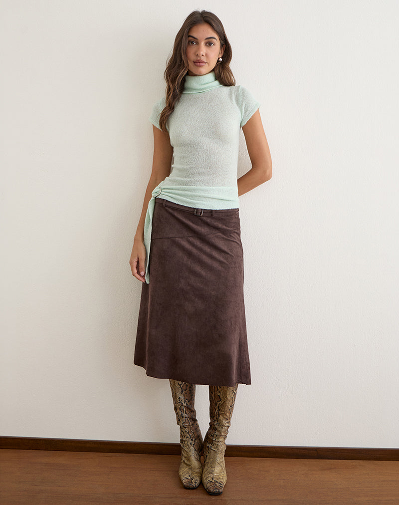 Suzu Midi Skirt in Faux Suede Dark Brown