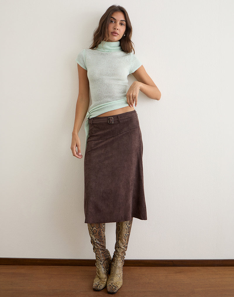 Suzu Midi Skirt in Faux Suede Dark Brown