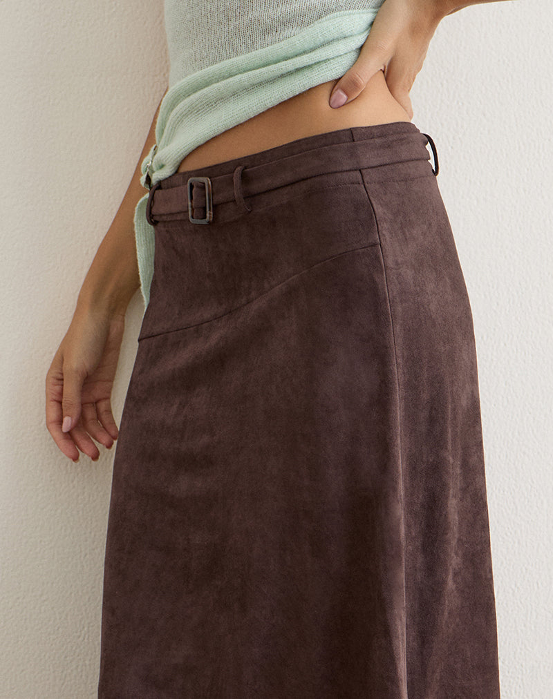 Suzu Midi Skirt in Faux Suede Dark Brown