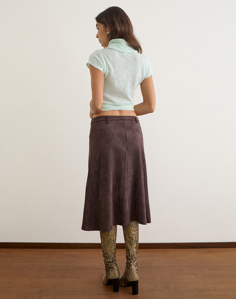 Suzu Midi Skirt in Faux Suede Dark Brown