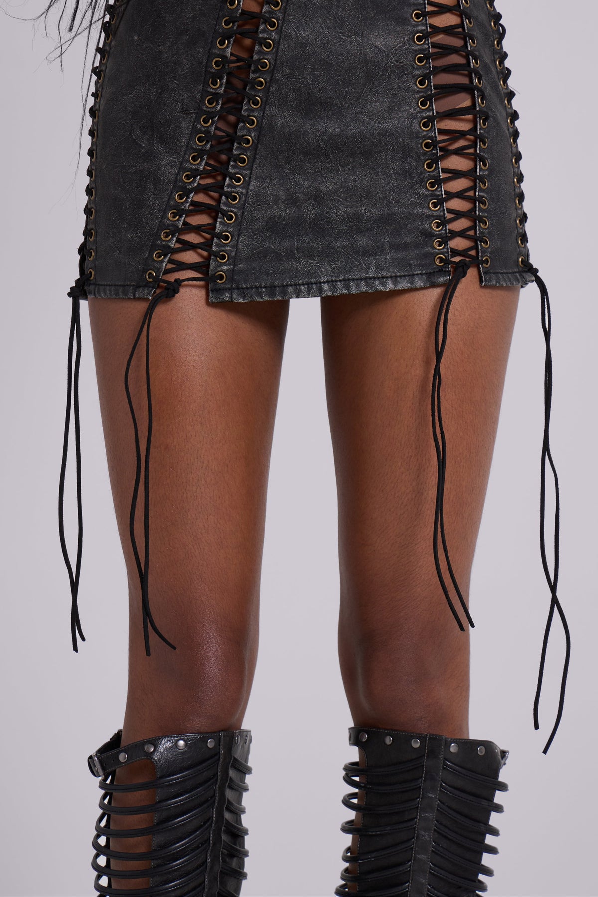 Odile Black Faux Leather Lace Up Mini Dress