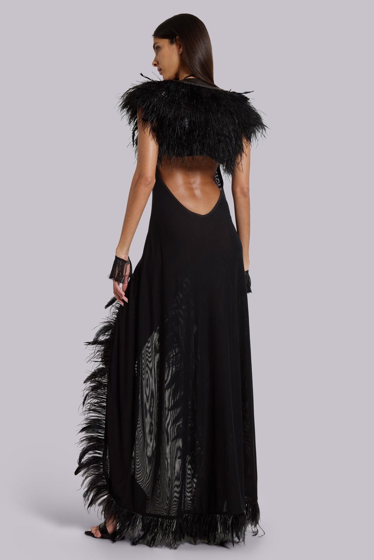 Ravenna Backless Halter Maxi Dress with Feathers
