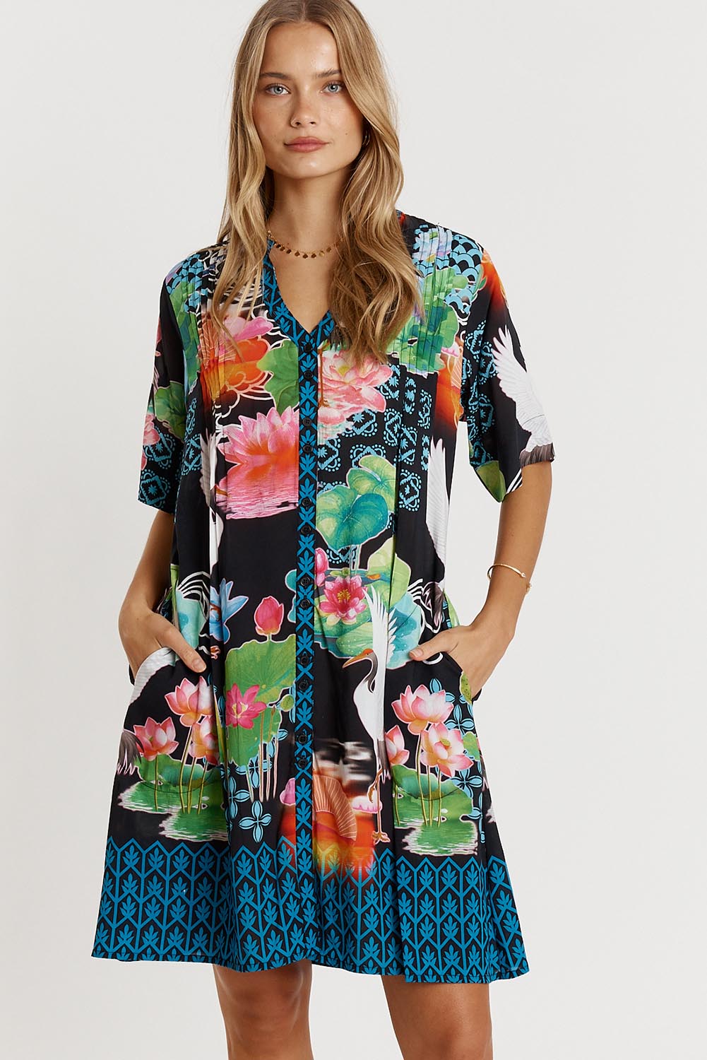 Akiko Button Dress - Ocean