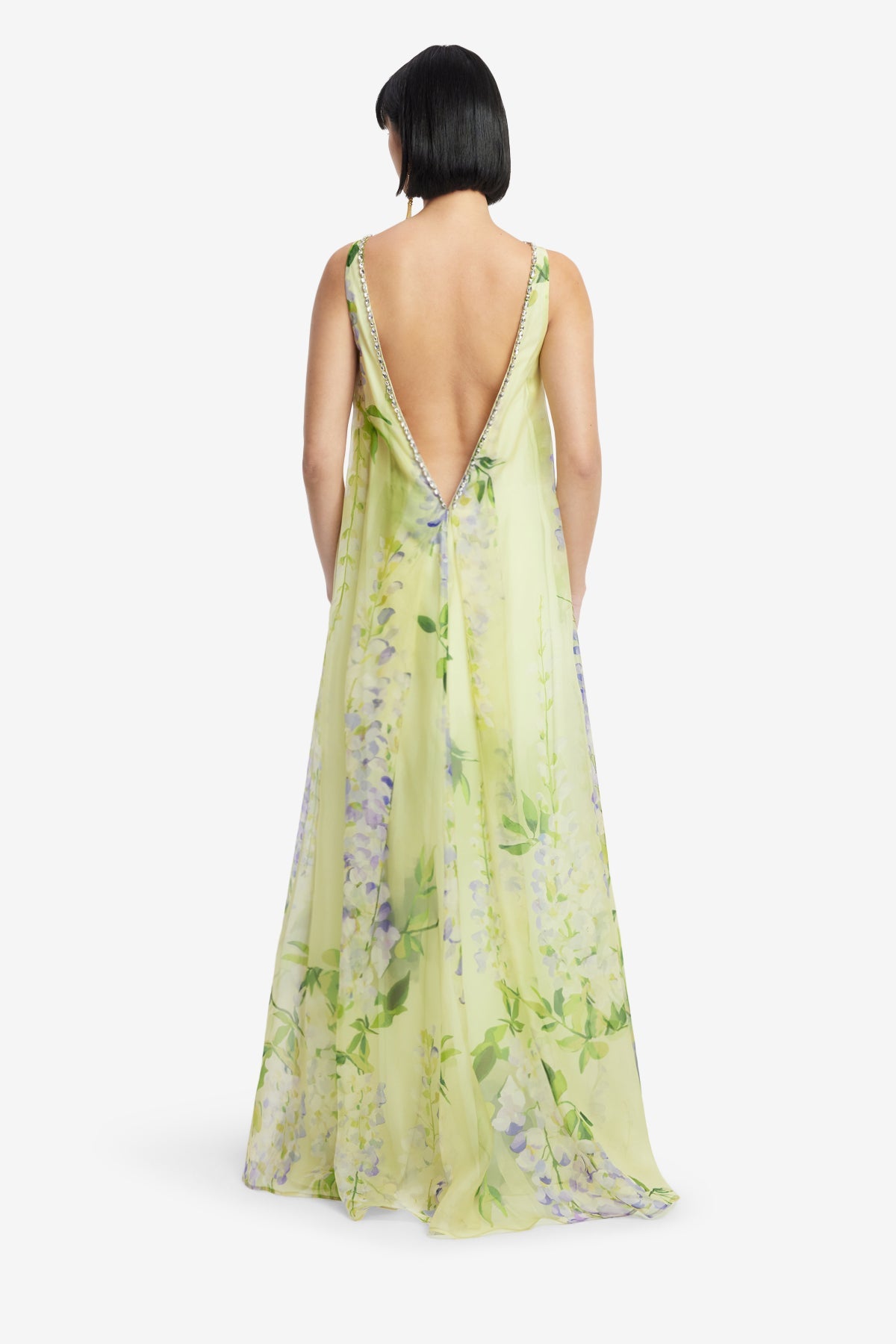 Yumei Embellished Open Back Gown - Wisteria Print