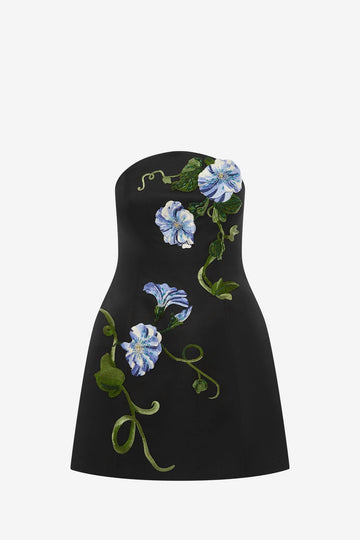Zaria Appliqué Floral Bustier Mini Dress - Vine Print in Ebony