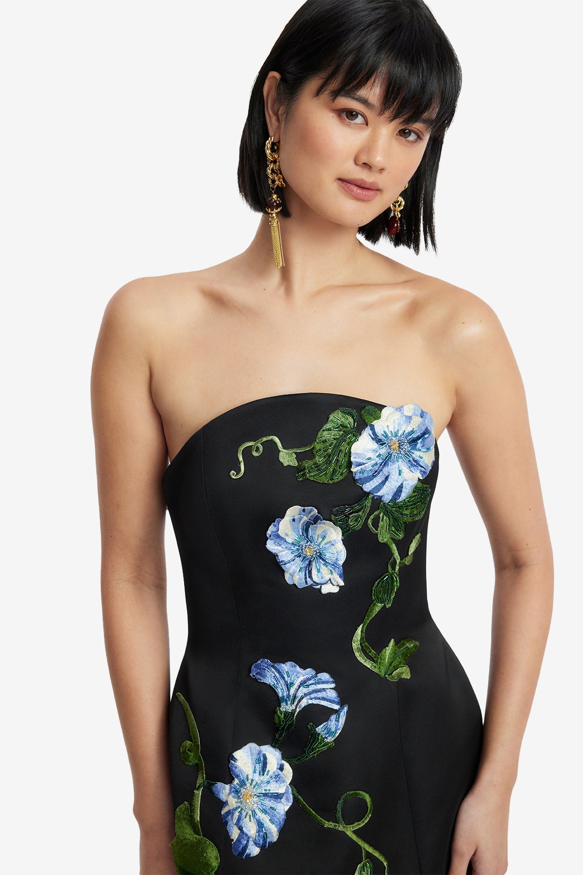 Zaria Appliqué Floral Bustier Mini Dress - Vine Print in Ebony