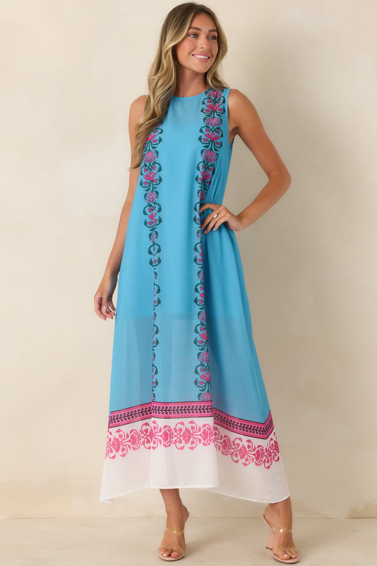 Cocktail Conversation Blue Floral Border Print Maxi Dress