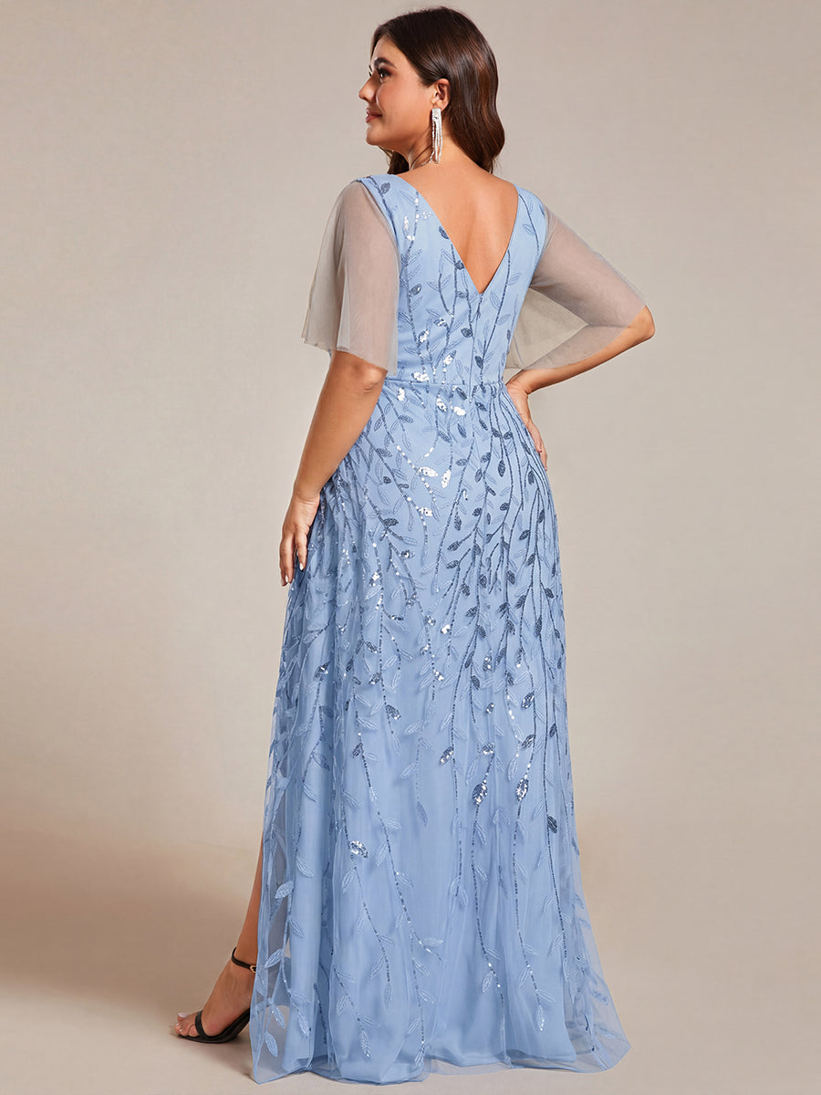 ever ALIX|Short Sleeves Sequin High Low V-Neck Midi Formal Evening Dress