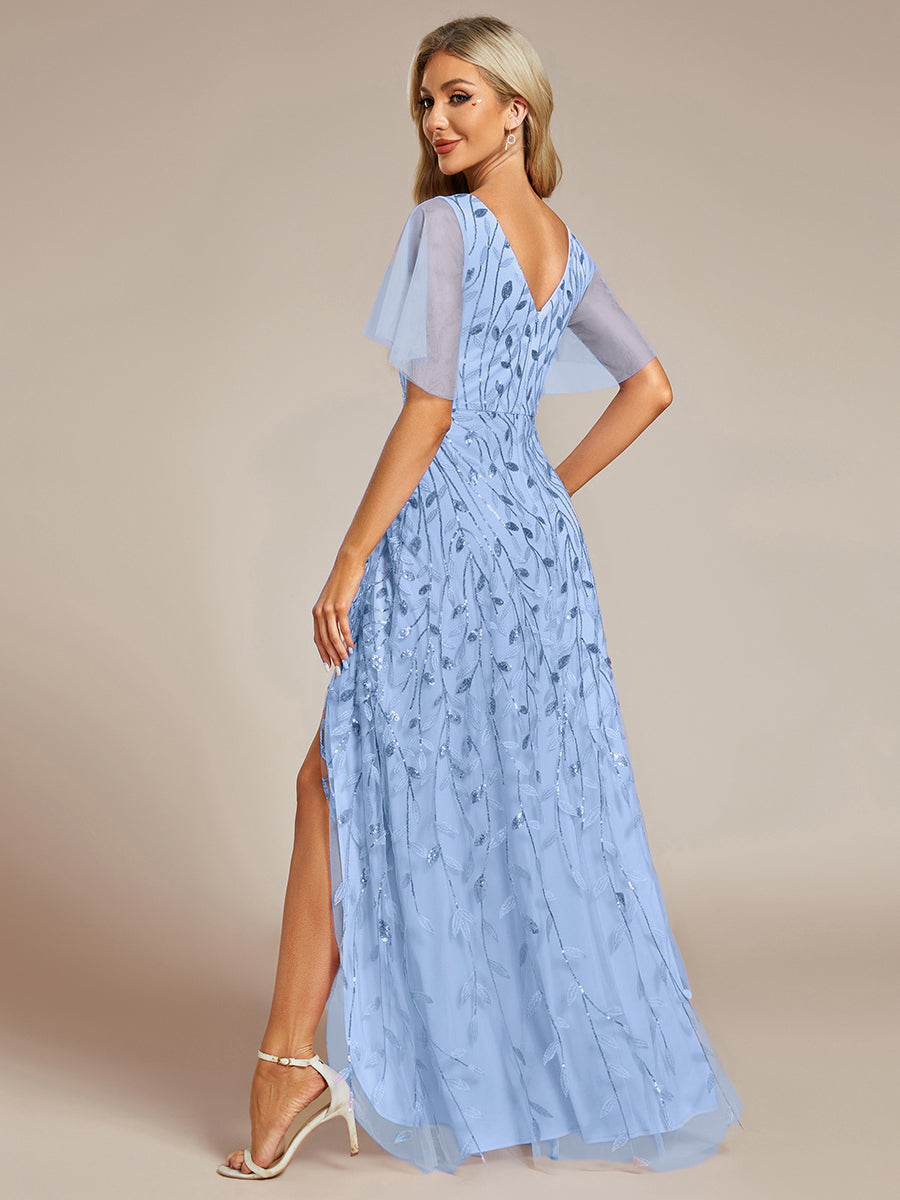 ever ALIX|Short Sleeves Sequin High Low V-Neck Midi Formal Evening Dress
