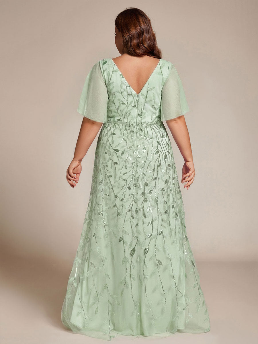 ever ALIX|Short Sleeves Sequin High Low V-Neck Midi Formal Evening Dress