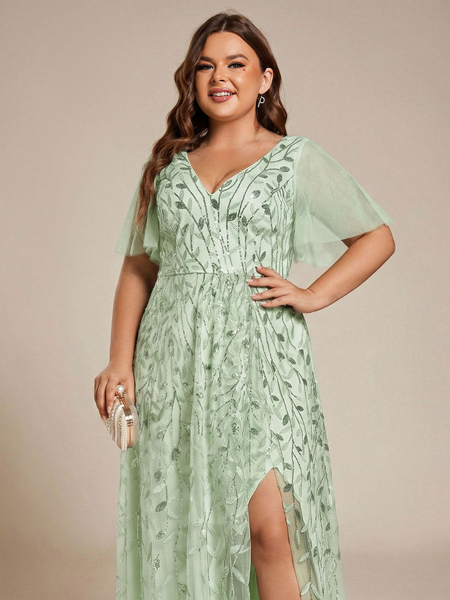 ever ALIX|Short Sleeves Sequin High Low V-Neck Midi Formal Evening Dress